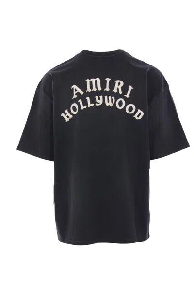 Amiri Black Crewneck T-shirt With Logo Lettering On Front And Rear In Blue