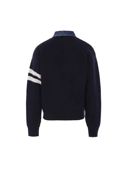 Dsquared2 Blue Cardigan With Denim Panels And Striped Details On The Sleeve In Wool And Cashmere Man