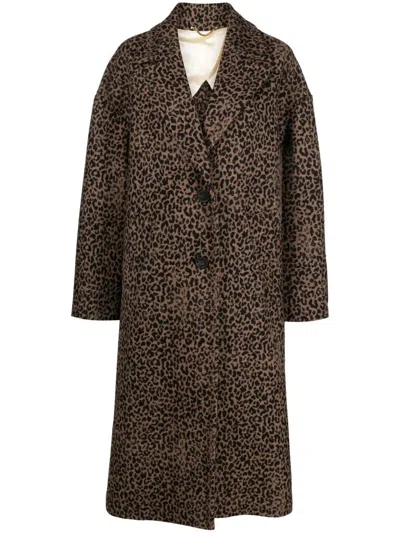Golden Goose Single-breasted Cocoon Wool Coat With Jacquard Motif Clothing In Brown