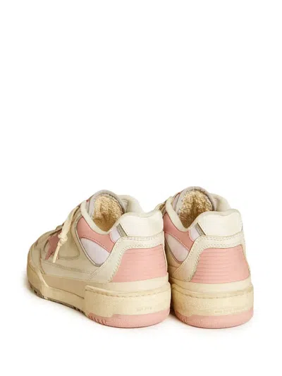 Golden Goose Forty2 Distressed Finish Leather And Fabric Sneakers With Pink Star In White
