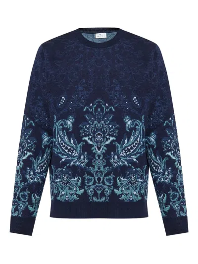 Etro Floral Jacquard Wool Sweater In Blue