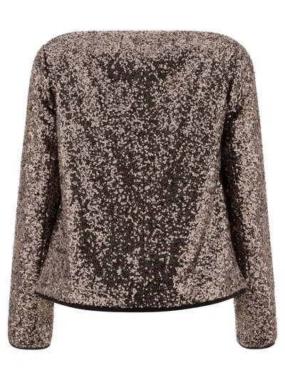 Fit F.it Cropped Sequined Jacket With Open Front In Brown