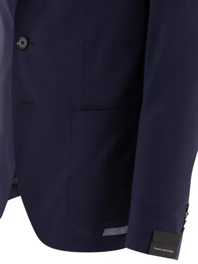 Tagliatore Montecarlo Blue Single-breasted Jacket With Notched Revers In Silk Man