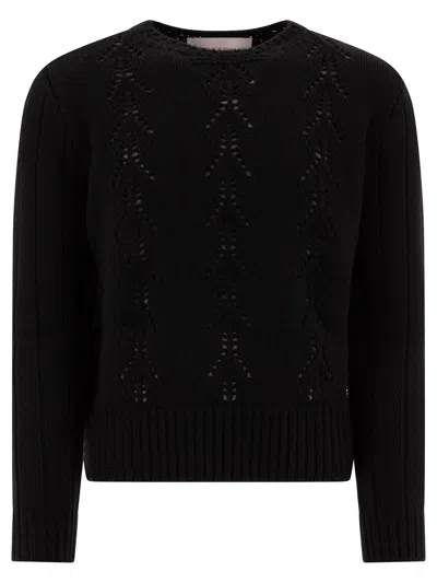 Valentino Open-knit Sweater In Virgin Wool In Black