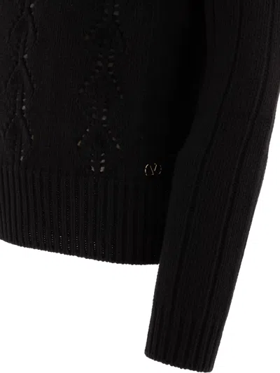 Valentino Open-knit Sweater In Virgin Wool In Black