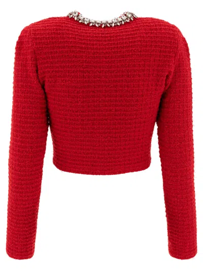 Self-portrait Short Cardigan With Crystals In Red