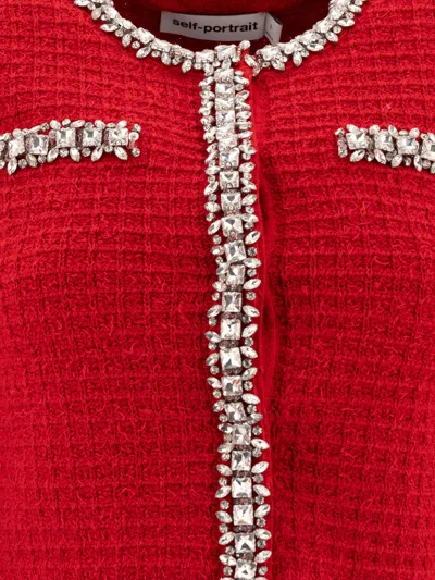 Self-portrait Short Cardigan With Crystals In Red
