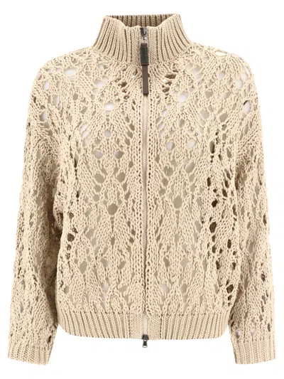 Brunello Cucinelli Lace Stitch Knitted Zip-up Cardigan In Brown
