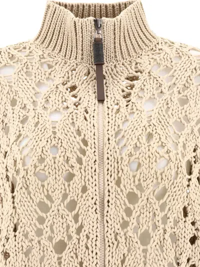 Brunello Cucinelli Lace Stitch Knitted Zip-up Cardigan In Brown