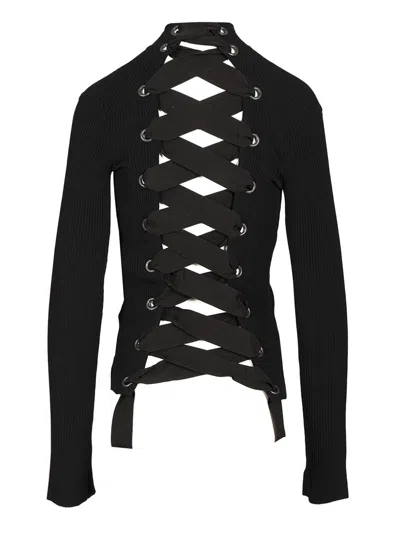 Balenciaga Lace-up Fitted Turtleneck Knitwear Black In Animal Print