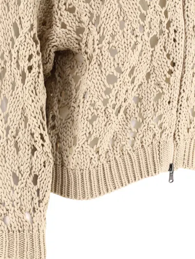 Brunello Cucinelli Lace Stitch Knitted Zip-up Cardigan In Brown