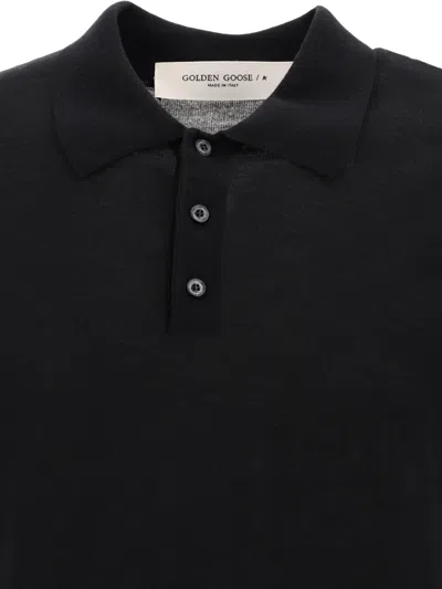 Golden Goose Black Polo With Short Sleeves And Ribbed Hem In Virgin Wool Man In Black