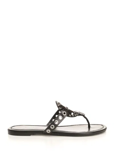 Tory Burch Miller Eyelet T-strap Flat Sandals In Black