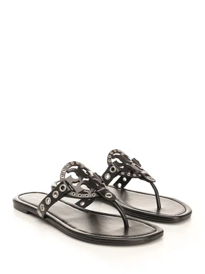 Tory Burch Miller Eyelet T-strap Flat Sandals In Black