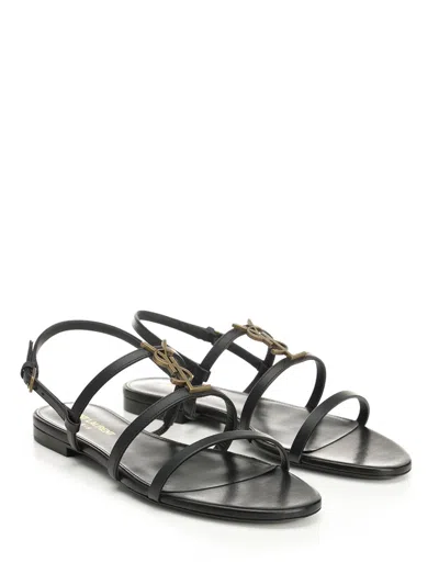 Saint Laurent Cassandre Leather Sandals In Black