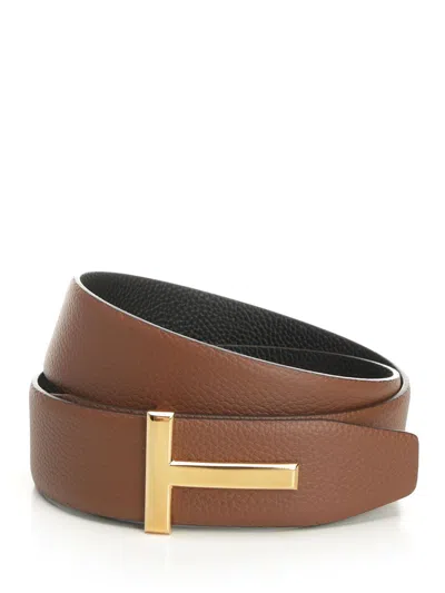 Tom Ford Soft Grain Leather Reversible T Belt 40 Mm Belts Brown In Brown