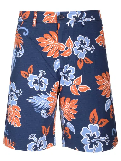Maison Kitsuné Blue Bermuda Shorts With Floral Print In Cotton Man In Multi
