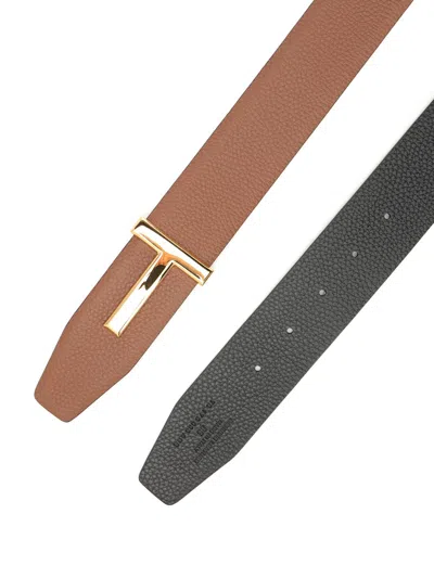 Tom Ford Soft Grain Leather Reversible T Belt 40 Mm Belts Brown In Brown