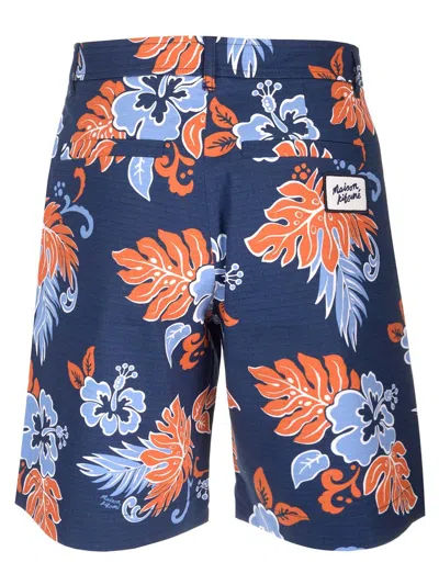 Maison Kitsuné Blue Bermuda Shorts With Floral Print In Cotton Man In Multi