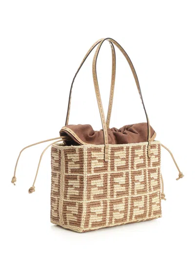 Fendi Roll Small Tote Bag In Raffia Ff Handbags Beige