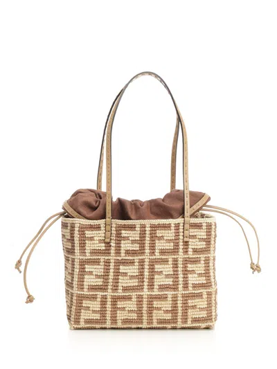 Fendi Roll Small Tote Bag In Raffia Ff Handbags Beige