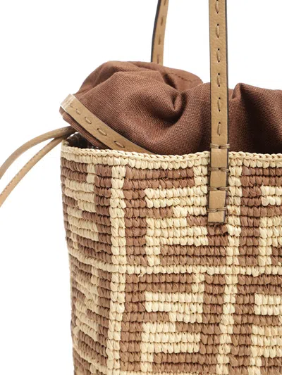 Fendi Roll Small Tote Bag In Raffia Ff Handbags Beige