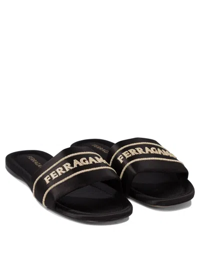 Ferragamo Elegant Satin And Leather Sandals For Women In Black