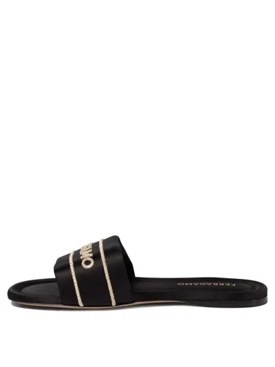 Ferragamo Elegant Satin And Leather Sandals For Women In Black