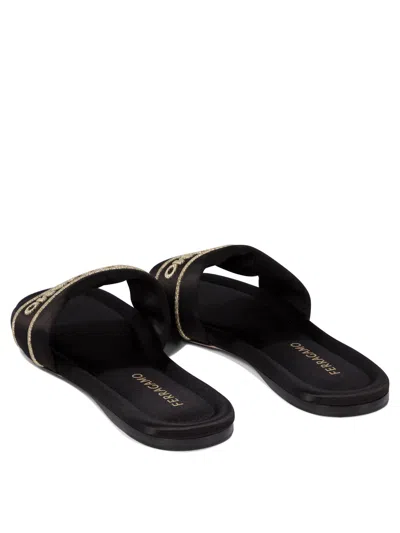Ferragamo Elegant Satin And Leather Sandals For Women In Black