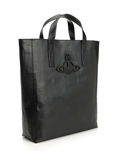 Vivienne Westwood 'sarah' Black Medium Tote Bag With Embossed Orb Logo On The Front