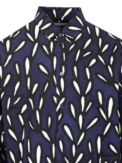 Jacquemus 'la Chemise Jean' Blue Shirt With Spread Collar And All-over Logo Motif