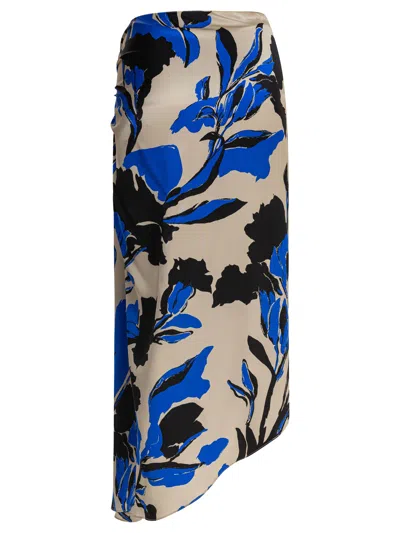Max Mara Draped Floral Ruched Asymmetric Hem Skirts In Blue