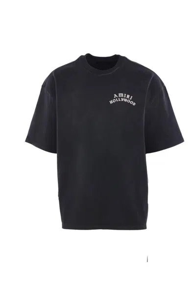 Amiri Black Crewneck T-shirt With Logo Lettering On Front And Rear In Blue