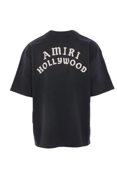 Amiri Black Crewneck T-shirt With Logo Lettering On Front And Rear In Blue