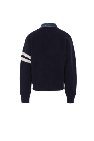 Dsquared2 Blue Cardigan With Denim Panels And Striped Details On The Sleeve In Wool And Cashmere Man