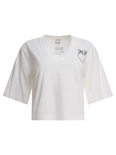 Pinko Graphic Print V-neck Short Sleeve Tops In White