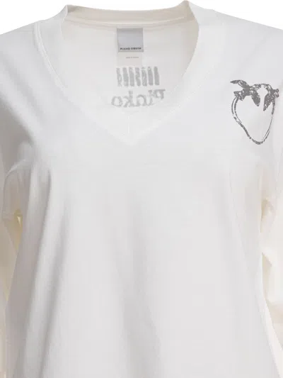 Pinko Graphic Print V-neck Short Sleeve Tops In White
