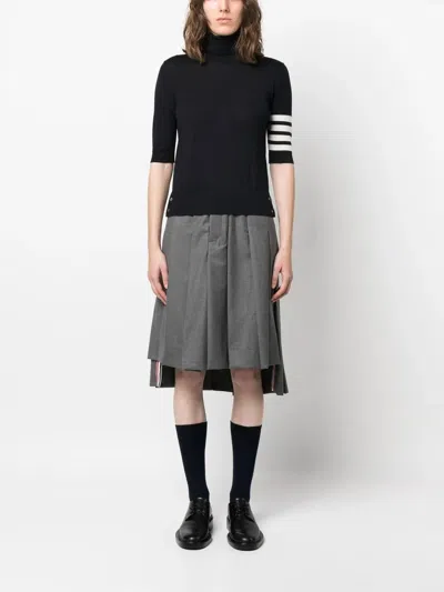 Thom Browne Black Short Sleeve Sweater With 4-bar Detail In Wool Woman In Black