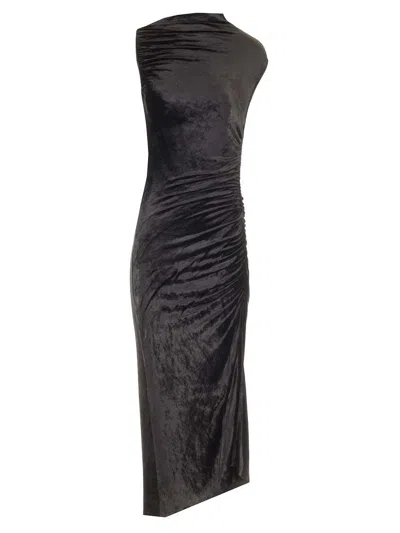 Rick Owens Svita Asymmetric Ruched Velvet Maxi Dress In Black