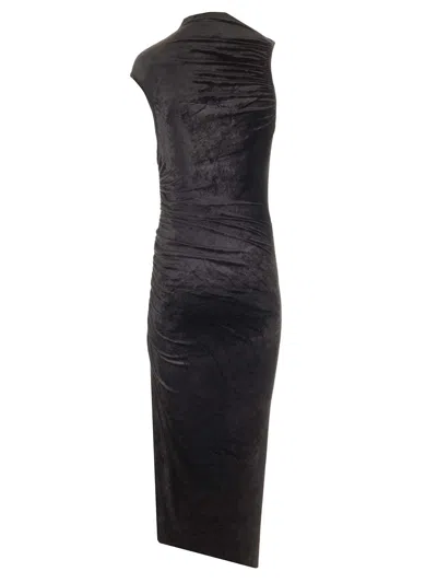 Rick Owens Svita Asymmetric Ruched Velvet Maxi Dress In Black