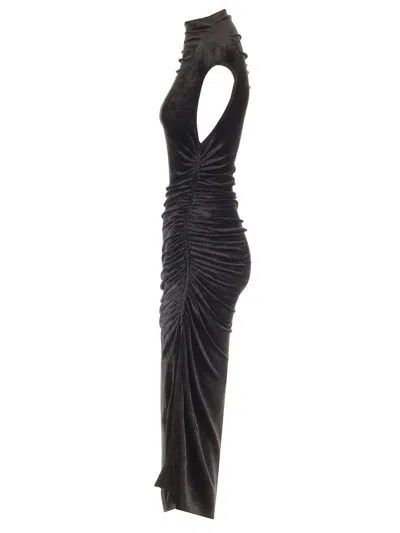 Rick Owens Svita Asymmetric Ruched Velvet Maxi Dress In Black