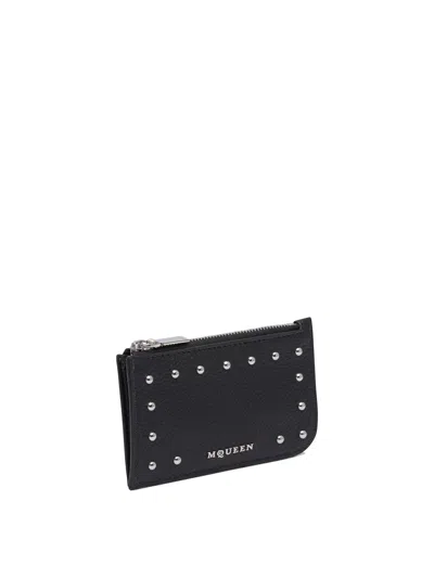 Alexander Mcqueen Textured Leather Wallet With Metallic Studs In Black