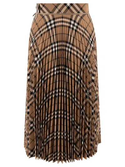 Burberry Wool Blend Pleated Check Skirt Skirts Beige