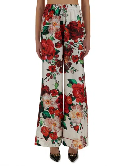 Dolce & Gabbana Satin Pajama Pants With Rose Print In Multi