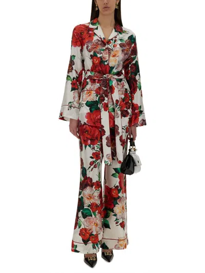Dolce & Gabbana Satin Pajama Pants With Rose Print In Multi