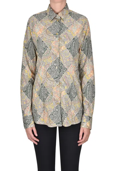 Etro Printed Popeline Shirt With Patchwork Paisley Print In Yellow