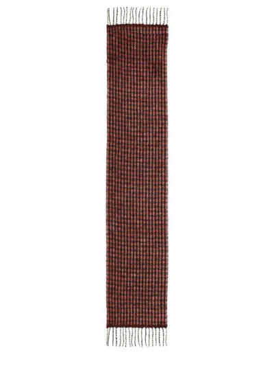 Ganni Red Check Fringed Scarf In Brown