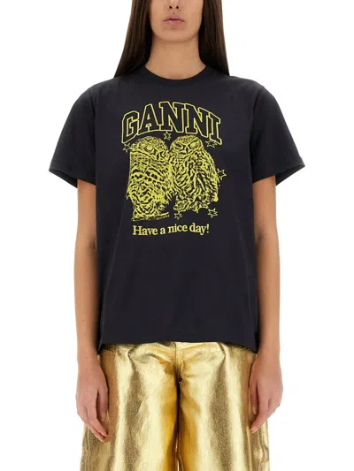 Ganni Basic Jersey Owls Relaxed T-shirt T-shirts Black