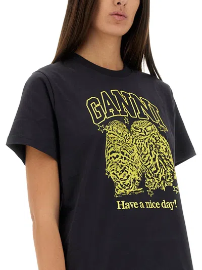 Ganni Basic Jersey Owls Relaxed T-shirt T-shirts Black