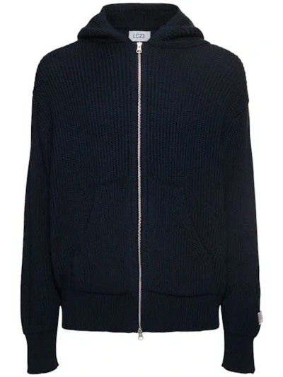 Lc23 Rib Knit Zip Hoodie In Blue